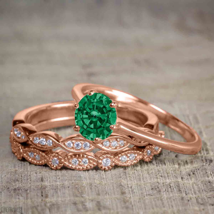 Bestselling 1.50 Carat Round cut Emerald and Diamond Trio Wedding Ring Set in Rose Gold