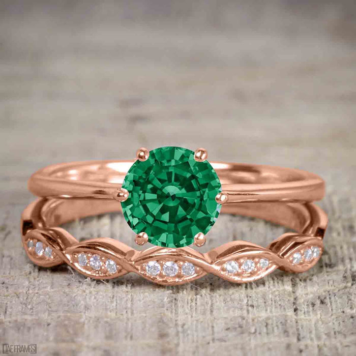 Bestselling 1.50 Carat Round cut Emerald and Diamond Trio Wedding Ring Set in Rose Gold