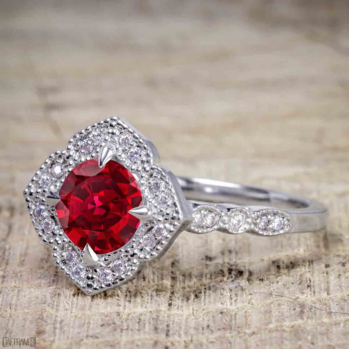 Unique 2 Carat Ruby and Diamond Halo Wedding Ring Set for Her in