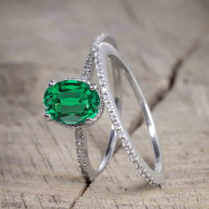 Antique Artdeco 1.25 Oval cut Emerald and Diamond Wedding Bridal Set in White Gold