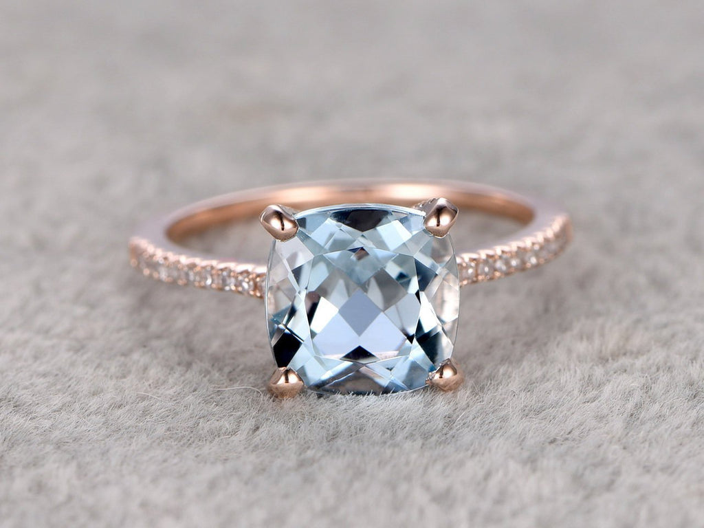 1.25 Carat Cushion Cut Aquamarine and Diamond Engagement Ring in Rose ...