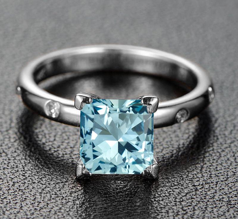 1.25 Carat Princess Cut Aquamarine and Diamond solitaire Engagement Ri ...